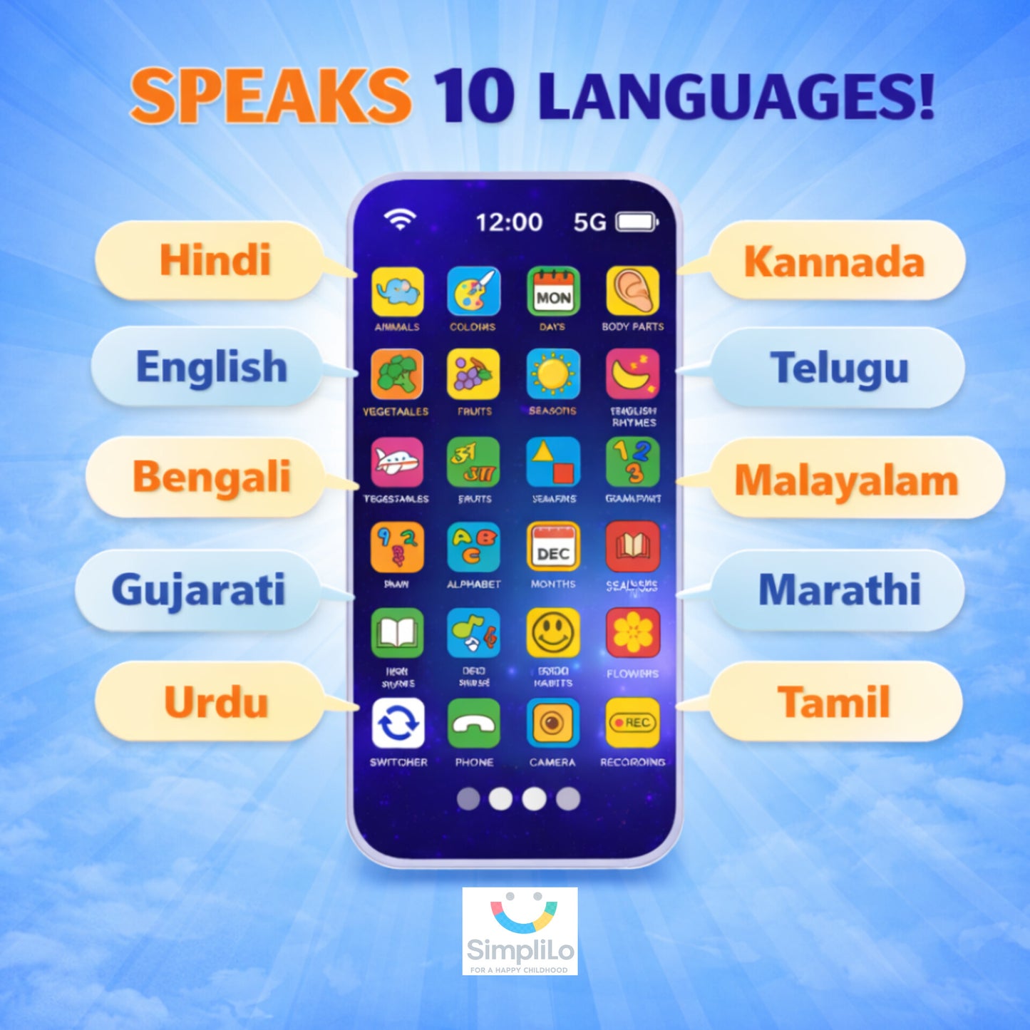 SimpliLo Screen-Free Educational Phone | Speaks 10 Languages | Type-C Rechargeable & Ultra-Lightweight